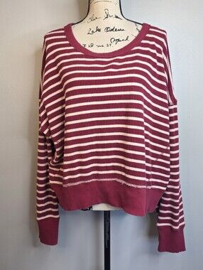 OFFLINE by Aerie Red & White Striped Waffle Knit Oversized Crop Crewneck Sweater
